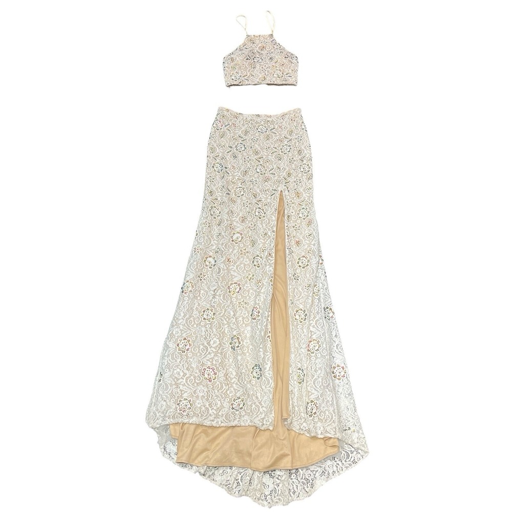 La Femme Dress 8 White‎ Sequin Lace 2 PC Halter Lace Up Slit Maxi Skirt Prom